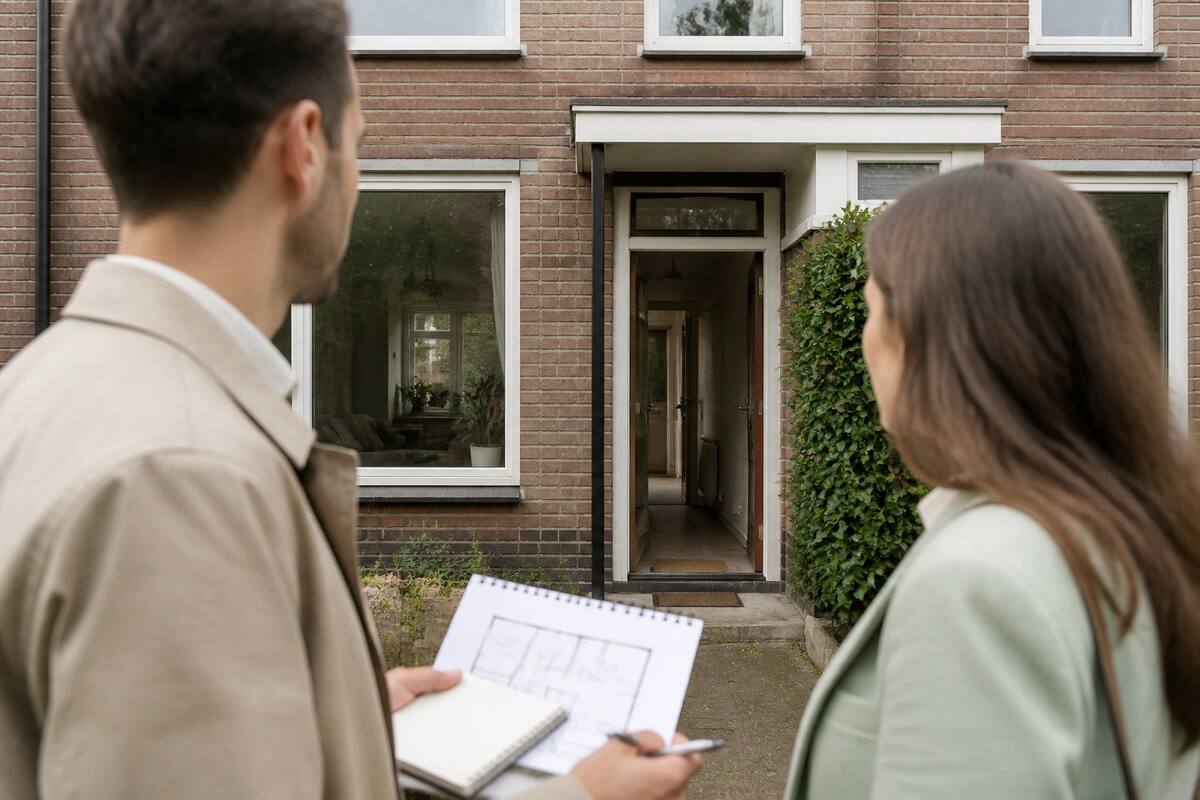 Tijdens een bezichtiging maken kopers notities bij een huis in Duitsland