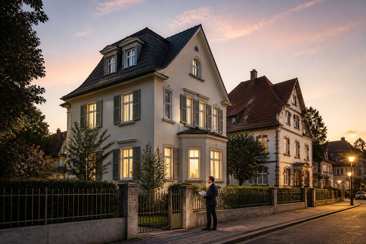 Een makelaar bekijkt papieren bij een woning in Duitsland
