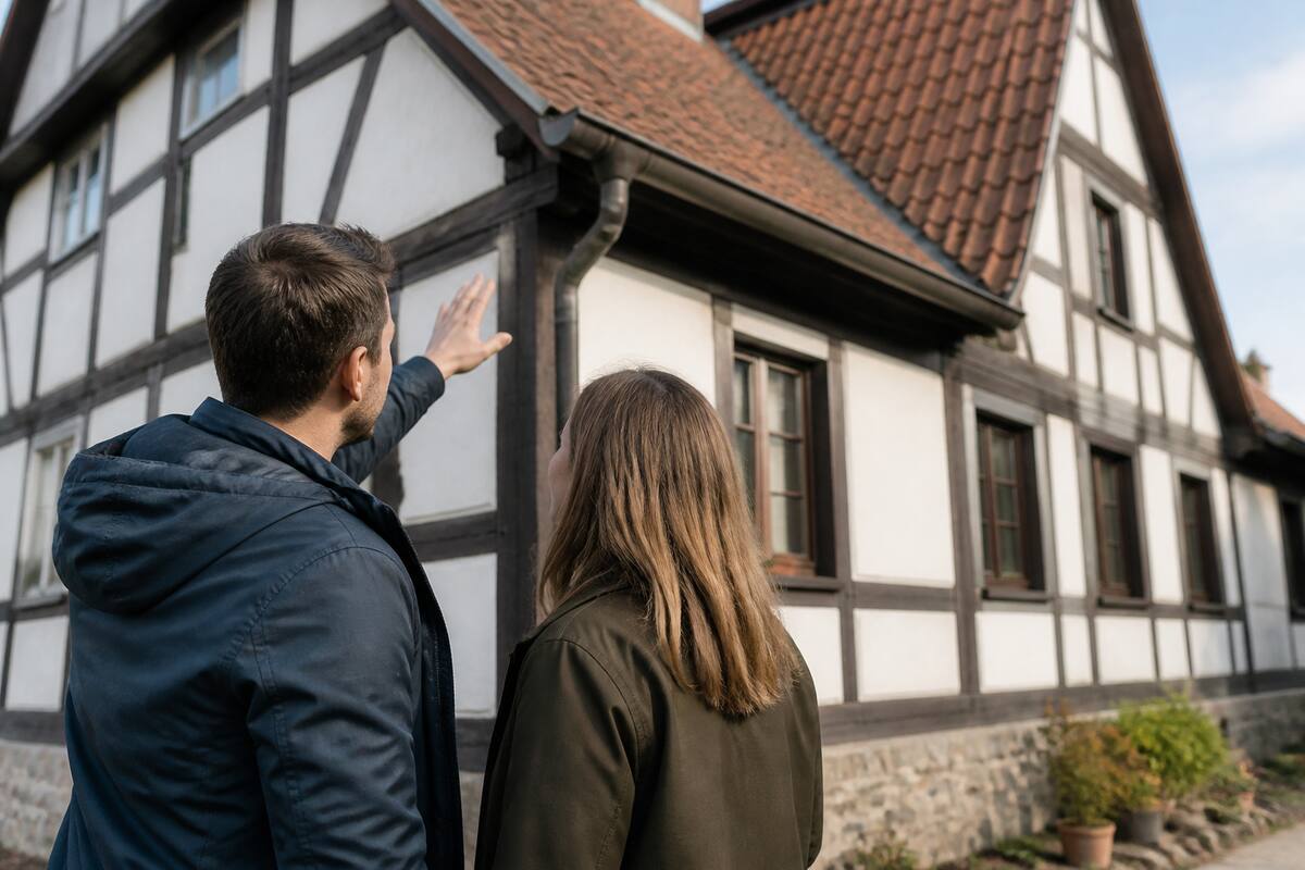 Koppel inspecteert een huis in Duitsland buiten