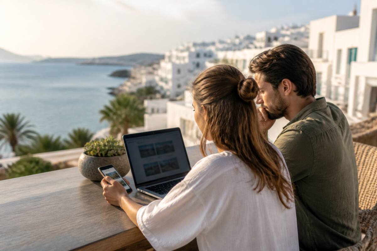 Reisopties vergelijken op laptop en telefoon tijdens het oriënteren op een vakantie