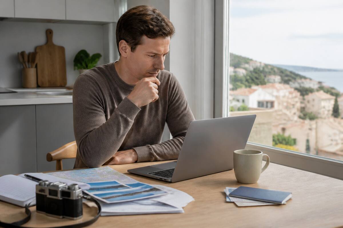 Iemand vergelijkt vakanties op een laptop aan een keukentafel bij daglicht