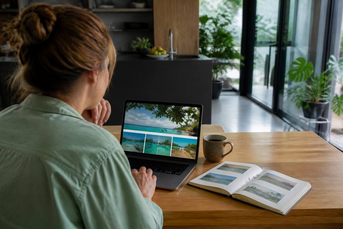 Iemand vergelijkt reisopties op een laptop met notities aan tafel