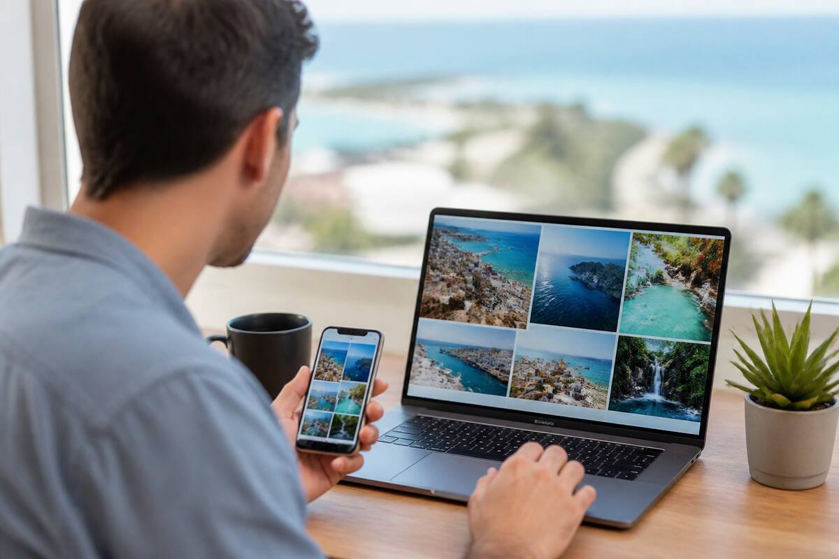Iemand vergelijkt vakantie-opties op een laptop en smartphone bij daglicht