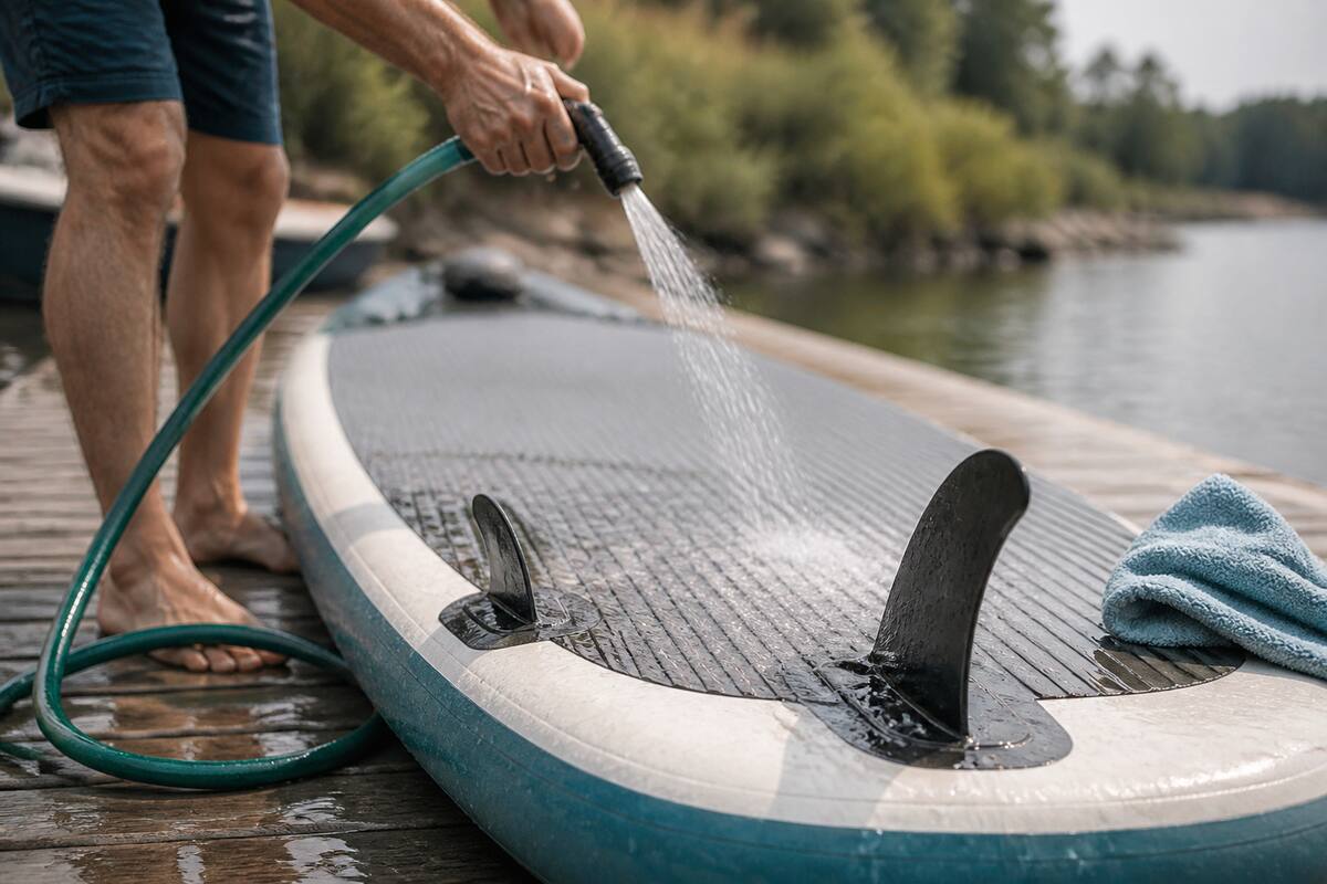 Iemand die een supboard naspoelt met water bij de aanlegsteiger en een doek klaarlegt voor het drogen