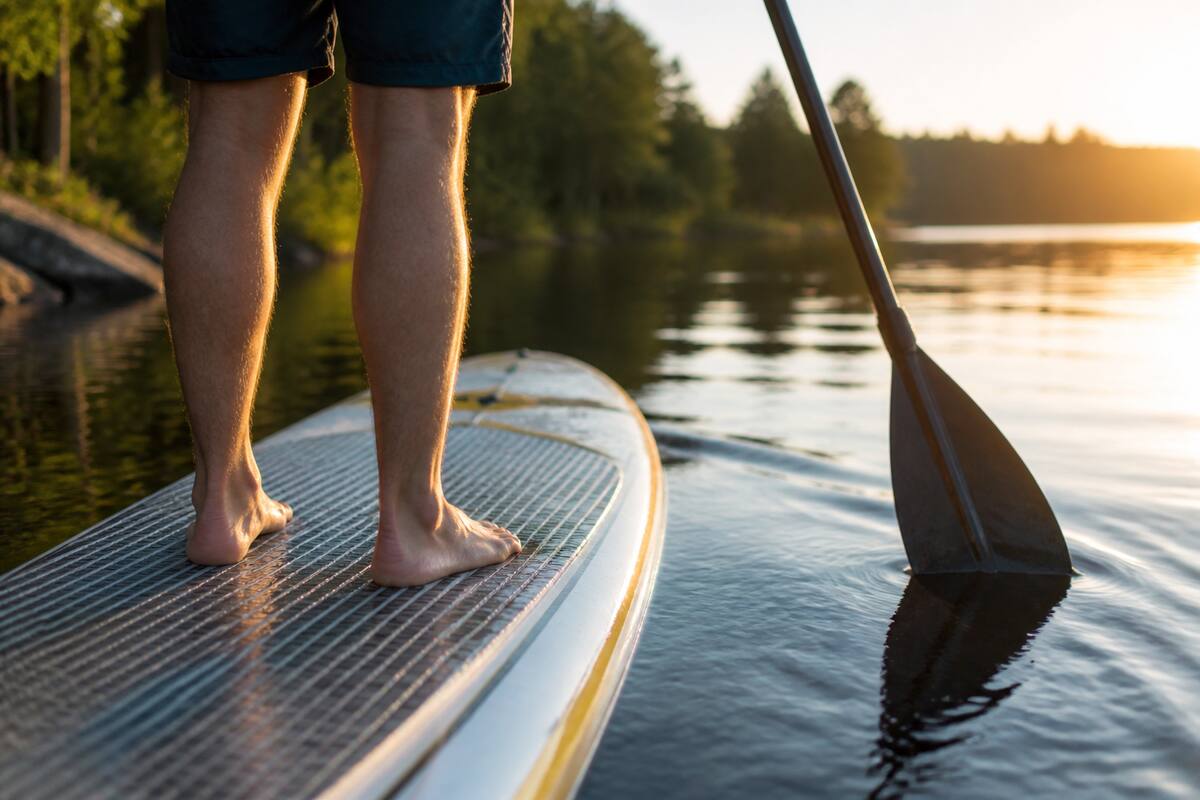 Een persoon die op een supboard staat op rustig water met zicht op grip en peddel