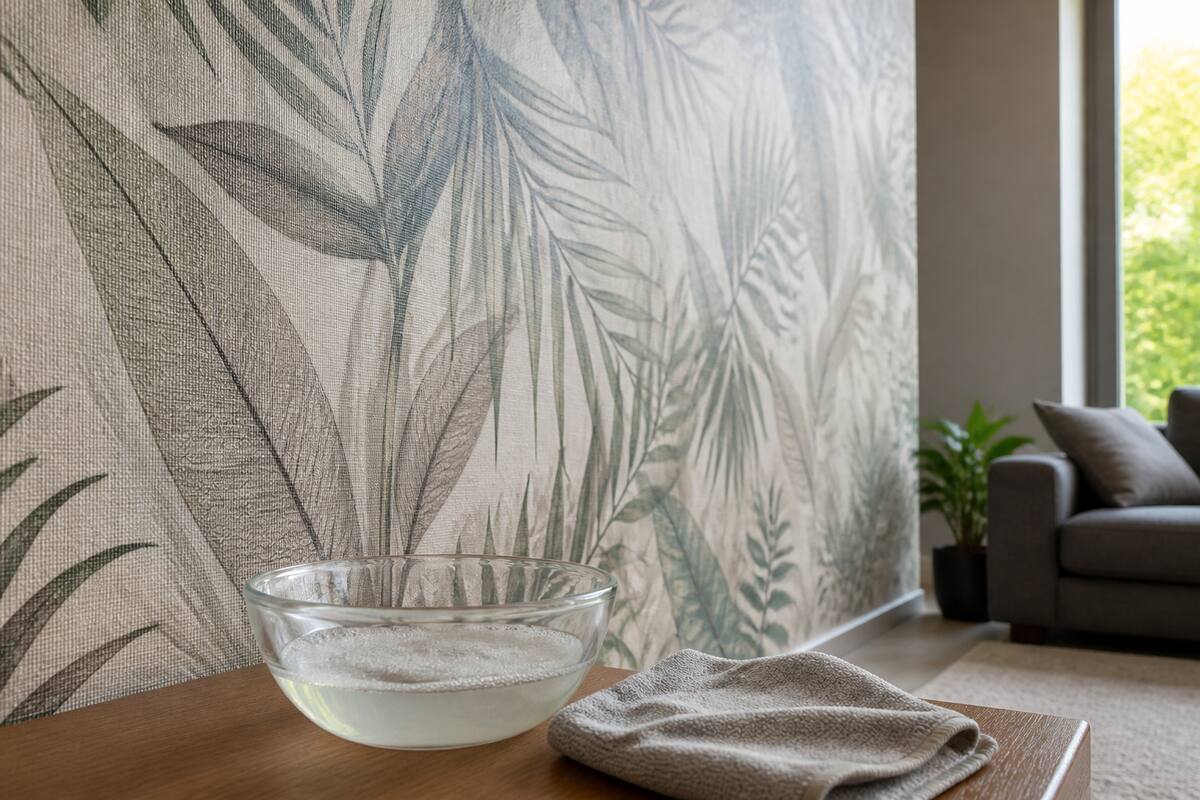 Iemand maakt fotobehang voorzichtig schoon met een zachte microvezeldoek en mild sop